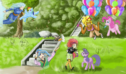 Size: 900x525 | Tagged: safe, artist:zippedbinders, angel bunny, pinkie pie, rainbow dash, rarity, twilight sparkle, cabbit, g4, mihoshi, ryo-ohki, ryoko, sasami, tenchi muyo, washu, wip