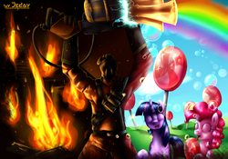 Size: 4000x2800 | Tagged: safe, artist:jedayskayvoker, pinkie pie, twilight sparkle, g4, crossover, meet the pyro, pyro (tf2), team fortress 2