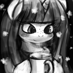 Size: 500x500 | Tagged: safe, artist:lumineko, oc, oc only, oc:chai malai, coffee, freckles, grayscale, monochrome, sketch, solo