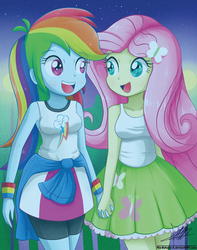 Size: 992x1262 | Tagged: safe, artist:the-butch-x, fluttershy, rainbow dash, equestria girls, g4, clothes, cute, cutie mark on clothes, dashabetes, duo, female, fluttershy's skirt, holding hands, lesbian, open mouth, open smile, ship:flutterdash, shipping, shyabetes, skirt, smiling, sweatband, tank top, wristband