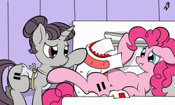 Size: 2500x1500 | Tagged: safe, artist:thenocturnalrainbow, pinkie pie, sugar belle, earth pony, pony, g4, the cutie map, changing table, diaper, diaper change, diaper fetish, duo, embarrassed, equal cutie mark, female, implied pooping, mare, non-baby in diaper, open diaper, scrunchy face