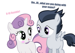 Size: 2000x1429 | Tagged: safe, artist:mmdfantage, rumble, sweetie belle, g4, blushing, crush, dialogue, female, male, ship:rumbelle, shipping, simple background, straight, transparent background, vector