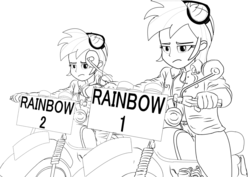 Size: 1016x718 | Tagged: artist needed, safe, rainbow dash, equestria girls, g4, double rainbow, horror hospital, monochrome, motorcycle, multeity, reference, self paradox