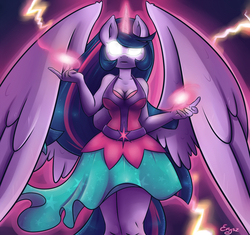Size: 1200x1126 | Tagged: safe, artist:erysz, twilight sparkle, alicorn, anthro, g4, cleavage, clothes, dress, female, glowing eyes, magic, solo, twilight sparkle (alicorn)
