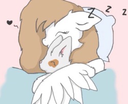 Size: 960x781 | Tagged: safe, artist:serenity, oc, oc only, oc:serenity, pegasus, pony, rabbit, bed hair, blanket, cute, embrace, female, hug, mare, pillow, sleeping, solo