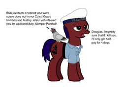 Size: 678x477 | Tagged: safe, artist:ethanchang, oc, oc only, oc:azimuth, oc:douglas, pigeon, 1st awesome platoon, coast guard, military, military uniform