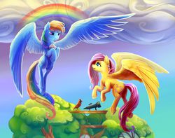 Size: 2000x1572 | Tagged: safe, artist:viwrastupr, fluttershy, rainbow dash, bird, pegasus, pony, g4, book, cloud, duo, duo female, female, flying, golden oaks library, mare, outdoors, rainbow, sky, spread wings, tail, telescope, wings