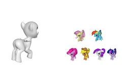 Size: 953x570 | Tagged: safe, applejack, fluttershy, pinkie pie, rainbow dash, rarity, twilight sparkle, oc, oc:anonymous' daughter, g4, 3d, mane six, yelling