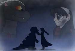 Size: 1210x837 | Tagged: safe, artist:faith-wolff, human, kaiju, fanfic:the bridge, azusa gojo, barely pony related, child, community related, crossover, female, godzilla, godzilla (series), godzilla jr., godzilla junior, growing up, male, mother and son, mother's day, smiling