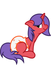 Size: 2453x3075 | Tagged: safe, artist:sparklepopshine, oc, oc only, oc:sparkle pop, pony, unicorn, blank flank, diaper, female, high res, horn, mare, non-baby in diaper, poofy diaper, scrunchy face, sitting, solo, tail tape, unicorn oc