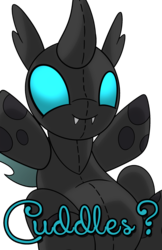 Size: 1650x2550 | Tagged: safe, artist:drawponies, edit, oc, oc only, changeling, cuddlebug, cuddling, cute, digital art, fangs, hug request, plushie, plushling, simple background, smiling, snuggling, solo, transparent background