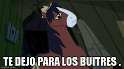 Size: 490x276 | Tagged: safe, edit, edited screencap, screencap, trouble shoes, earth pony, pony, g4, caption, implied murder, male, meme, solo, spanish, stallion, text