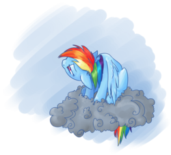 Size: 1208x1098 | Tagged: safe, artist:impydoo, rainbow dash, g4, cloud, female, sad, simple background, solo, transparent background