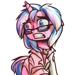 Size: 1280x1280 | Tagged: safe, artist:inlucidreverie, oc, oc only, oc:noble blue, pony, unicorn, fallout equestria, clothes, glasses, lab coat, scared, simple background, solo, terror, transparent background