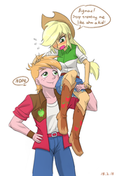 Size: 580x870 | Tagged: safe, artist:ta-na, applejack, big macintosh, equestria girls, g4, blushing, boots, brother and sister, clothes, cowboy hat, cute, denim skirt, dialogue, embarrassed, green eyes, hat, high heel boots, nope, skirt