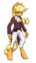 Size: 794x1387 | Tagged: safe, artist:koviry, applejack, earth pony, anthro, g4, clothes, crossover, female, jacket, sakura wars, solo