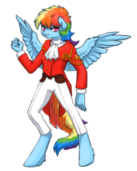 Size: 1077x1348 | Tagged: safe, artist:koviry, rainbow dash, pegasus, anthro, g4, clothes, crossover, female, jacket, sakura wars, solo