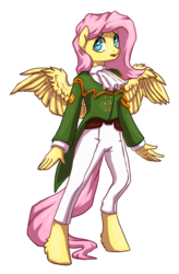 Size: 924x1407 | Tagged: safe, artist:koviry, fluttershy, pegasus, anthro, g4, clothes, crossover, female, jacket, sakura wars, solo