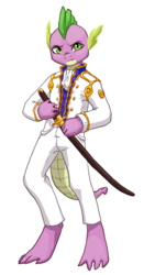 Size: 750x1433 | Tagged: safe, artist:koviry, spike, dragon, anthro, g4, clothes, crossover, jacket, katana, male, sakura wars, solo, sword, weapon