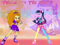 Size: 1024x768 | Tagged: safe, adagio dazzle, twilight sparkle, equestria girls, g4, my little pony equestria girls: rainbow rocks, battle of the bands, clothes, dress, ponied up, sparkles, twilight sparkle (alicorn), wallpaper, welcome to the show