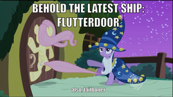 Size: 1920x1080 | Tagged: safe, edit, edited screencap, screencap, fluttershy, twilight sparkle, pegasus, pony, g4, luna eclipsed, cargo ship, clothes, cosplay, costume, female, flutterdoor, hub logo, image macro, joke shipping, mare, meme, nightmare night costume, ouch, ponified, shipper, shipping, slam, star swirl the bearded costume, tail, tailboner, twilight the bearded