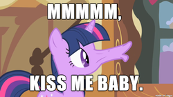 Size: 610x343 | Tagged: safe, edit, edited screencap, screencap, twilight sparkle, g4, party of one, faic, great moments in animation, hoers, image macro, kissy face, meme