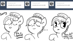 Size: 1035x584 | Tagged: safe, artist:tjpones, oc, oc only, oc:brownie bun, horse wife, ask, monochrome, solo, tumblr