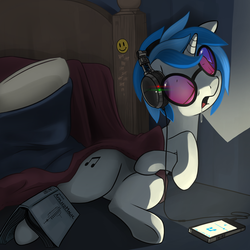 Size: 2800x2800 | Tagged: safe, artist:dimfann, dj pon-3, vinyl scratch, pony, unicorn, g4, bed, cute, drool, eyes closed, female, headphones, high res, mare, open mouth, sleeping, snoring, solo, sunglasses, tally marks, underhoof, vinylbetes