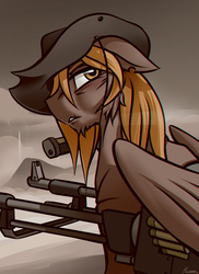 Size: 1024x1408 | Tagged: safe, artist:whitepone, oc, oc only, oc:calamity, pegasus, pony, fallout equestria, ammunition, battle saddle, bullet, chromatic aberration, fanfic, fanfic art, gun, hat, male, rifle, solo, stallion, weapon, wings