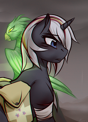 Size: 1024x1408 | Tagged: dead source, safe, artist:whitepone, oc, oc only, oc:pyrelight, oc:velvet remedy, balefire phoenix, phoenix, pony, unicorn, fallout equestria, bandage, chromatic aberration, fanfic, fanfic art, female, fluttershy medical saddlebag, hooves, horn, mare, medical saddlebag, saddle bag