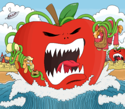 Size: 623x543 | Tagged: safe, artist:redhotkick, applejack, big macintosh, earth pony, pony, g4, apple, attack of the killer tomatoes, food, male, nightmare fuel, parody, stallion, tentacles