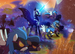 Size: 3298x2353 | Tagged: safe, artist:light262, descent, lightning dust, night glider, nightmare moon, nightshade, thunderlane, alicorn, pegasus, pony, g4, clothes, costume, goggles, high res, magic, shadowbolts, shadowbolts (nightmare moon's minions), shadowbolts costume