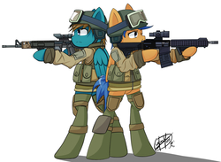 Size: 2050x1500 | Tagged: safe, artist:yunguy1, oc, oc only, oc:cloud runner, oc:sabre dance, /k/, ar-15, clothes, goggles, gun, helmet, m16, military ponies, rifle, vest