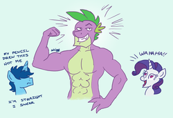 Size: 2000x1368 | Tagged: safe, artist:greenlinzerd, rarity, spike, oc, oc:bcw, anthro, g4, abs, beefspike, collarbone, denial, dreamworks face, female, flexing, gigachad spike, hair over eyes, hand on hip, heart eyes, hidden eyes, hilarious in hindsight, male, muscles, older, older spike, ship:sparity, shipping, straight, wahaha, wingding eyes