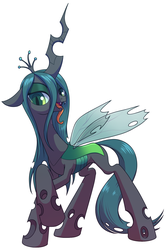 Size: 1000x1499 | Tagged: safe, artist:stoic5, queen chrysalis, changeling, changeling queen, g4, concave belly, crossed hooves, crown, fangs, female, floppy ears, horn, jewelry, long legs, long tongue, mare, open mouth, raised hoof, regalia, sharp teeth, simple background, slender, solo, standing, tall, teeth, thin, tongue out, white background, wings