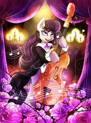 Size: 2300x3100 | Tagged: safe, artist:invidiata, octavia melody, earth pony, pony, g4, bipedal, bowtie, candle, cello, cheek fluff, clothes, curtains, ear fluff, female, flower, high res, hoof hold, leg fluff, looking at you, mare, music notes, musical instrument, open mouth, rose, solo, suit