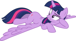Size: 5690x3072 | Tagged: safe, artist:mit-boy, twilight sparkle, alicorn, pony, castle sweet castle, g4, absurd resolution, bedroom eyes, draw me like one of your french girls, female, gritted teeth, looking back, mare, prone, simple background, sploot, spread wings, transparent background, twilight sparkle (alicorn), vector