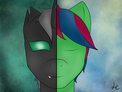 Size: 1024x768 | Tagged: safe, oc, oc only, oc:switchlock, changeling, green changeling, two sides, two sides of the same coin