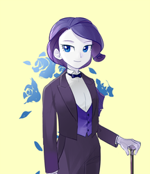 Size: 450x522 | Tagged: dead source, safe, artist:pan, rarity, equestria girls, g4, alternate hairstyle, bowtie, cane, clothes, dapper, female, gloves, looking at you, simple background, solo, suit, tuxedo, yellow background