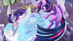 Size: 2560x1440 | Tagged: safe, artist:dstears, sunset shimmer, twilight sparkle, oc, oc:moonrise lensflare, alicorn, pony, g4, alicorn oc, crying, cutie map, fight, hilarious in hindsight, twilight sparkle (alicorn), twilight's castle, wallpaper, yamcha's death pose