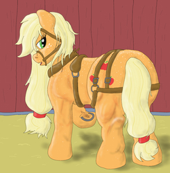 Size: 1200x1223 | Tagged: safe, artist:bigmacintosh2000, applejack, applebucking thighs, applebutt, barn, bedroom eyes, breast collar, breeching, bridle, female, freckles, girth, harness, horseshoes, looking at you, looking back, plot, tack, tug (tack)