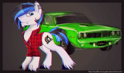 Size: 1688x1000 | Tagged: safe, artist:xxcaliforniaangelxx, oc, oc only, oc:scotch macmanus, earth pony, pony, car, chromatic aberration, clothes, handsome, male, plymouth, plymouth hemi cuda, shirt, stallion, unshorn fetlocks