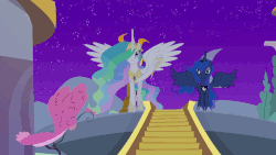 Size: 960x540 | Tagged: safe, screencap, princess celestia, princess luna, alicorn, pony, g4, princess twilight sparkle (episode), animated, canterlot, dais, duo, female, mare, moon, night, plant, royal sisters, siblings, sisters, smiling, spread wings, stairs, stars, statue, summer sun celebration, sun, wings