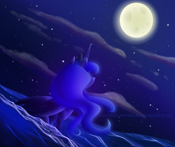 Size: 1280x1075 | Tagged: safe, artist:silentwulv, princess luna, g4, female, looking up, moon, night, sitting, solo, water