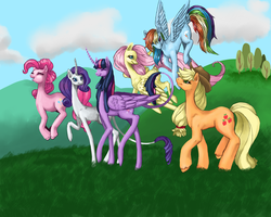 Size: 1024x819 | Tagged: safe, artist:luckyorigamistars, applejack, fluttershy, pinkie pie, rainbow dash, rarity, twilight sparkle, alicorn, classical unicorn, pony, g4, curved horn, diverse body types, female, horn, large wings, leonine tail, mane six, mare, twilight sparkle (alicorn)