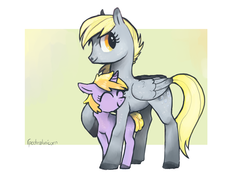 Size: 1240x877 | Tagged: safe, artist:spectralunicorn, derpy hooves, dinky hooves, pegasus, pony, g4, equestria's best mother, female, hug, mare
