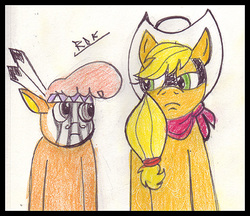 Size: 486x420 | Tagged: safe, artist:rdk, applejack, little strongheart, bison, buffalo, earth pony, pony, g4, cowboy hat, hat, mask, movie, the lone ranger, tonto, traditional art