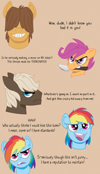 Size: 1290x2239 | Tagged: safe, artist:dbkit, dumbbell, hoops, rainbow dash, scootaloo, g4, angry, ask, blushing, dumbdash, female, implied shipping, knife, male, murderloo, shipping, straight, tsunderainbow, tsundere, tumblr