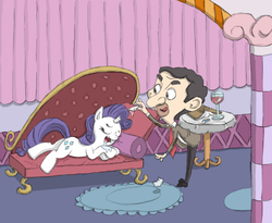 Size: 1218x1000 | Tagged: safe, rarity, g4, accident, broken horn, crossover, drool, fainting couch, gum, horn, mr bean, mr bean: the animated series, sleeping, this will end in tears, unaware