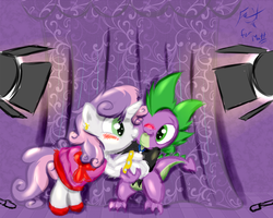 Size: 960x768 | Tagged: safe, artist:frist44, spike, sweetie belle, g4, bipedal, clothes, cute, diasweetes, dress, female, kissing, male, prom, ship:spikebelle, shipping, spikabetes, straight, tuxedo